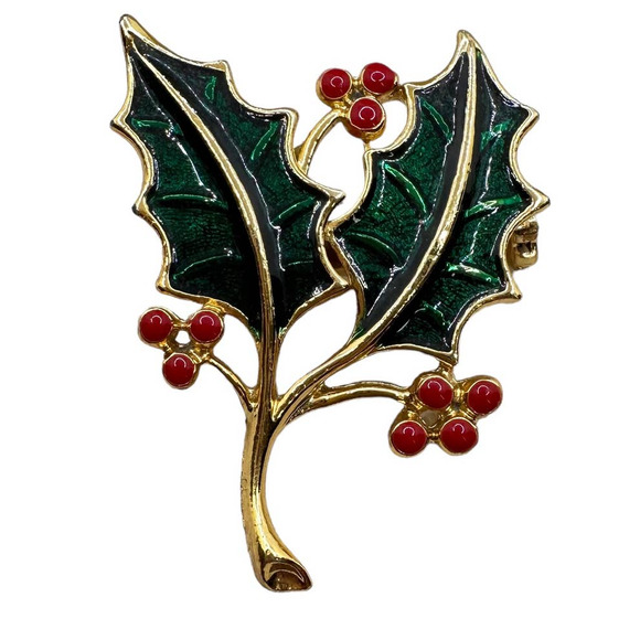 Beatrix Jewelry - Vintage BEATRIX Enamel Rhinestone Christmas Holly Berry Brooch Pin Goldtone